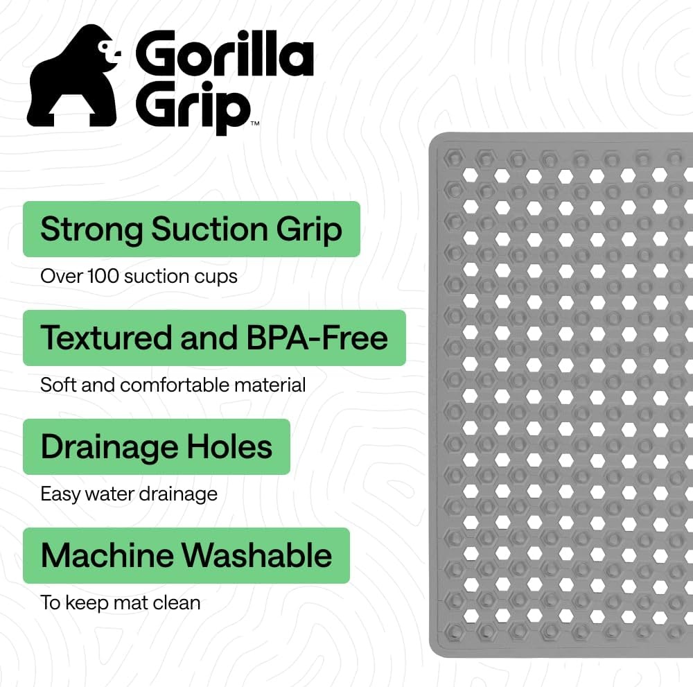 image:imageGORILLA GRIP Patented Bath Tub Shower Mat Machine Washable Bathtub Floor Liner Mats Suction Cups and Drain Holes to Keep Tubs Clean Soft on Feet Bathroom Essentials 35x16 Inch ClearGray Opaque