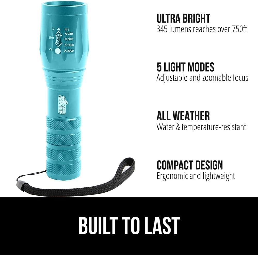image:imageGORILLA GRIP Powerful LED Tactical Flashlight 750 FT High Lumens 5 Adjustable Modes Water Resistant Ultra Bright Zoom Flashlights Small Mini Flash Light Camping Night Dog Walking TurquoiseTurquoise