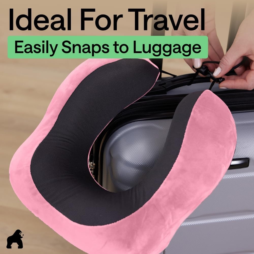 image:imageGORILLA GRIP Travel Neck Pillow for Airplanes CertiPURUS Memory Foam Cooling Mesh Pillows Soft Velvet Washable Cover Support Headrest for Sleeping Traveling Essentials Flight Accessories BlackPink