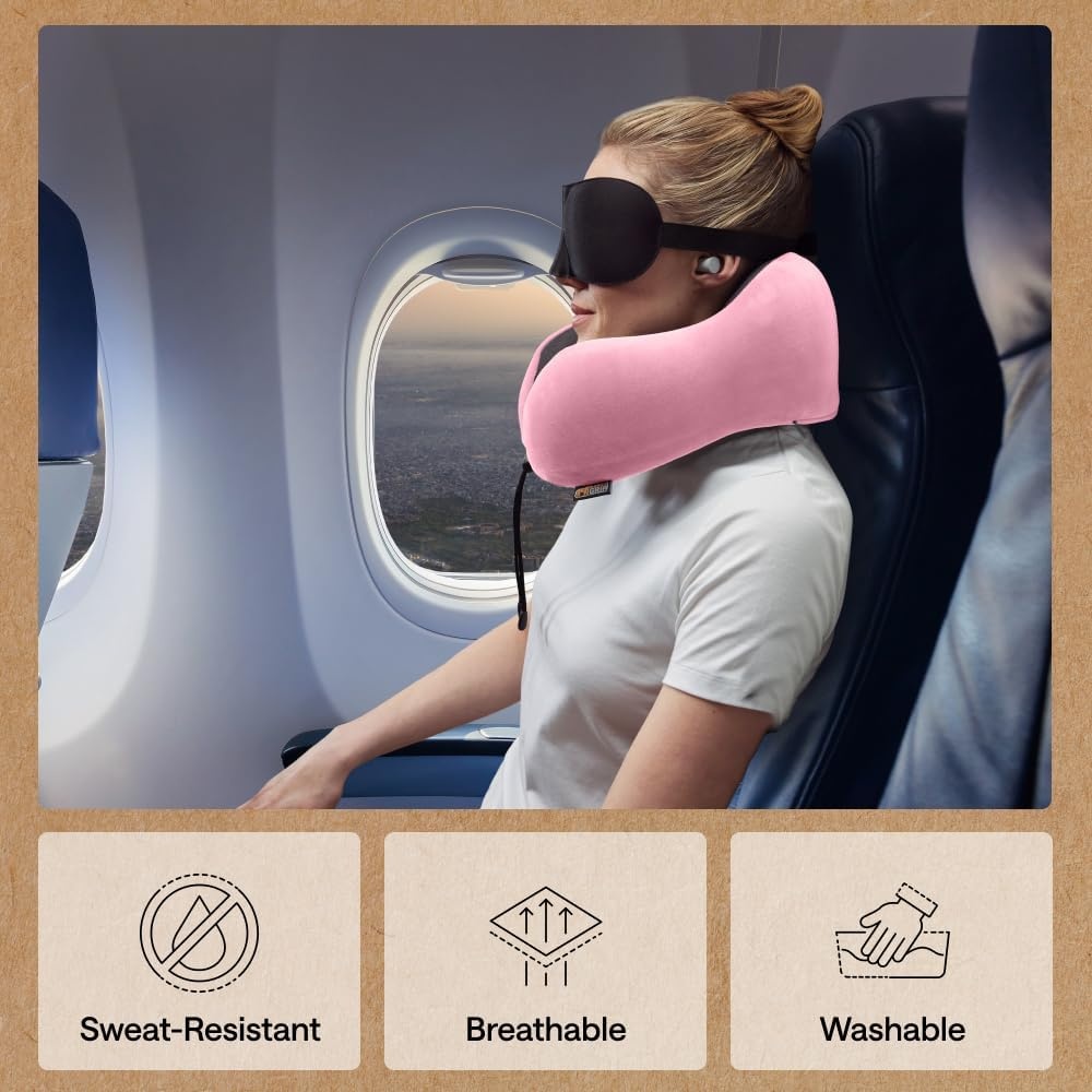 image:imageGORILLA GRIP Travel Neck Pillow for Airplanes CertiPURUS Memory Foam Cooling Mesh Pillows Soft Velvet Washable Cover Support Headrest for Sleeping Traveling Essentials Flight Accessories BlackPink