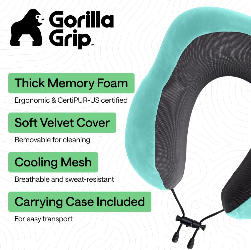 image:imageGORILLA GRIP Travel Neck Pillow for Airplanes CertiPURUS Memory Foam Cooling Mesh Pillows Soft Velvet Washable Cover Support Headrest for Sleeping Traveling Essentials Flight Accessories BlackTurquoise