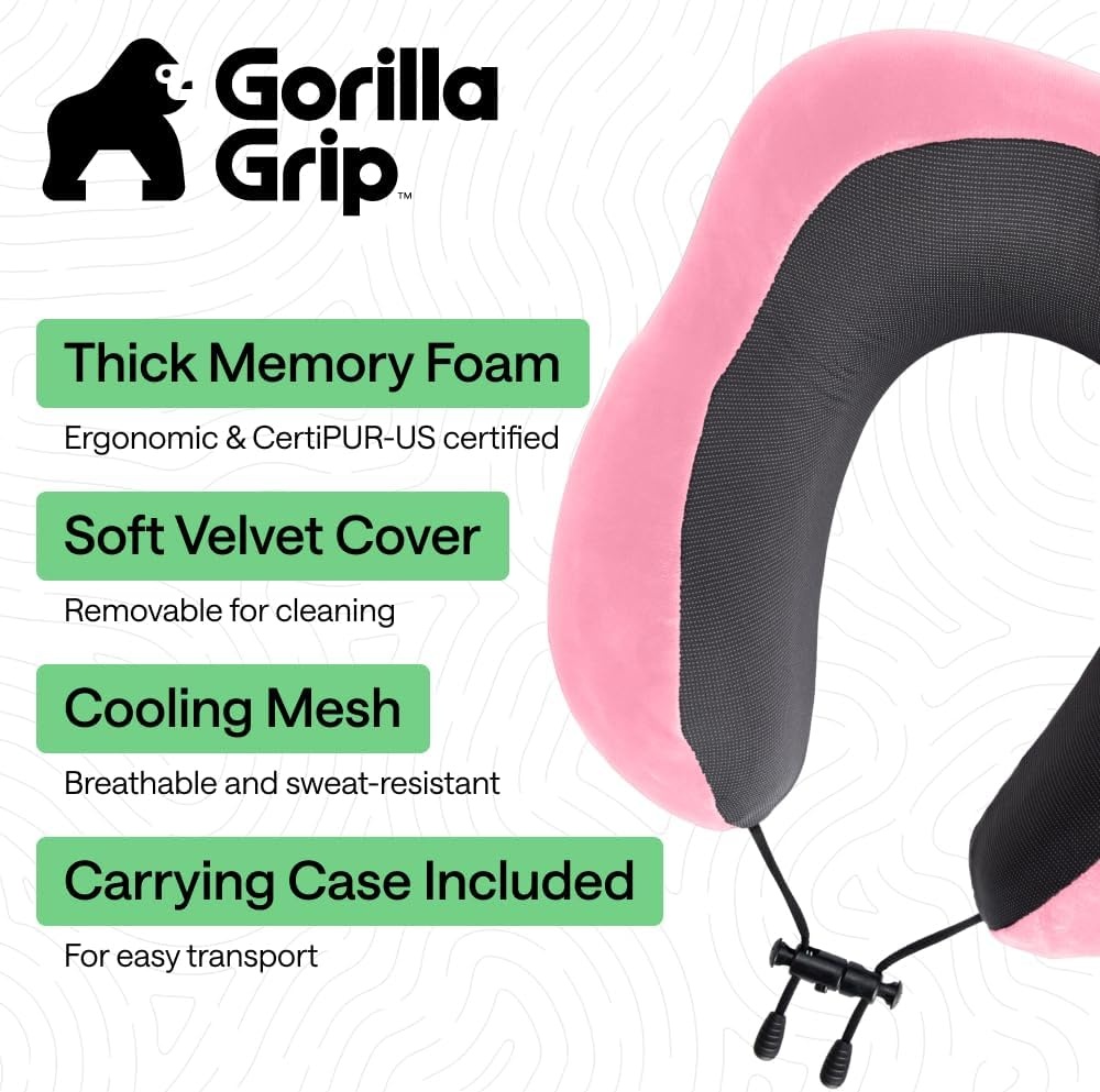 image:imageGORILLA GRIP Travel Neck Pillow for Airplanes CertiPURUS Memory Foam Cooling Mesh Pillows Soft Velvet Washable Cover Support Headrest for Sleeping Traveling Essentials Flight Accessories BlackPink