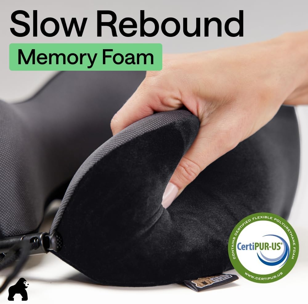 image:imageGORILLA GRIP Travel Neck Pillow for Airplanes CertiPURUS Memory Foam Cooling Mesh Pillows Soft Velvet Washable Cover Support Headrest for Sleeping Traveling Essentials Flight Accessories BlackBlack