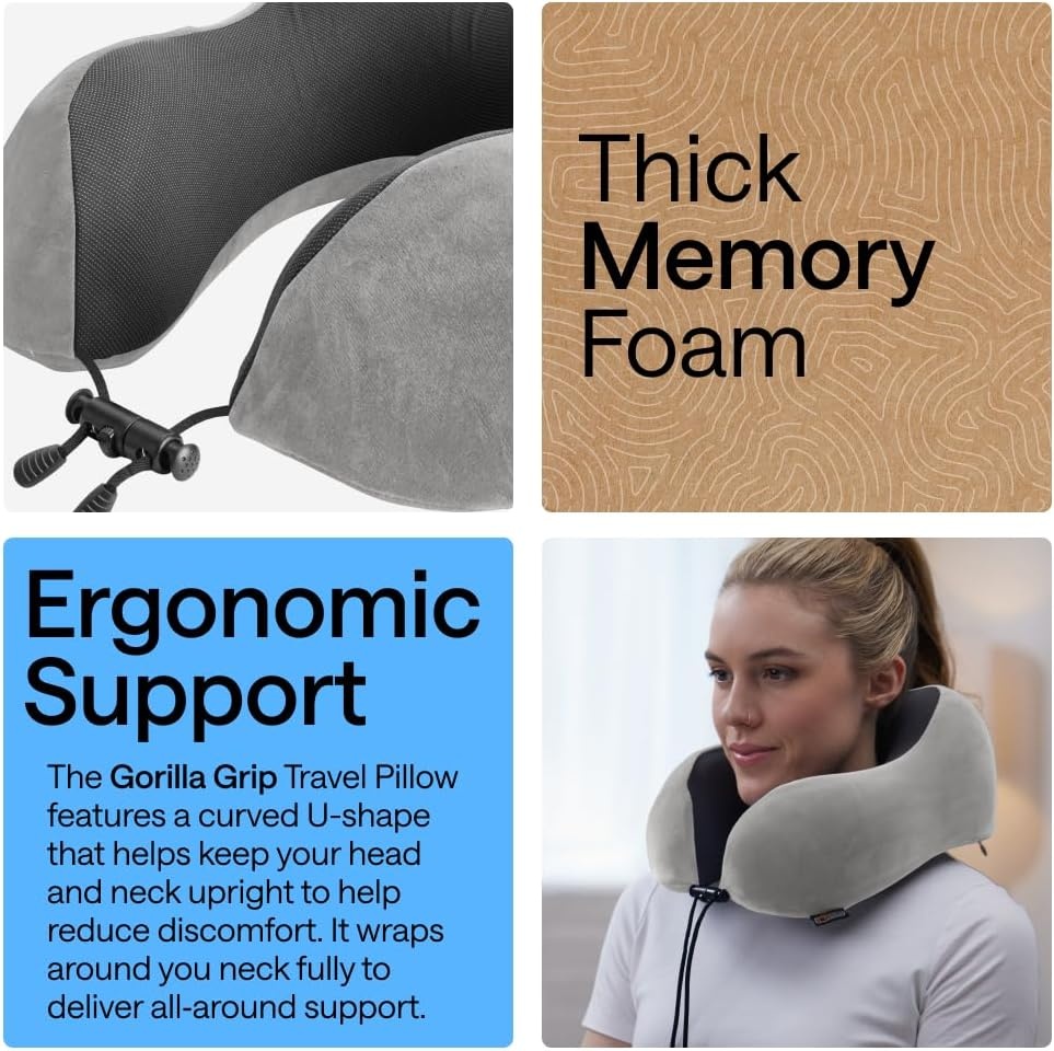 image:imageGORILLA GRIP Travel Neck Pillow for Airplanes CertiPURUS Memory Foam Cooling Mesh Pillows Soft Velvet Washable Cover Support Headrest for Sleeping Traveling Essentials Flight Accessories BlackGray