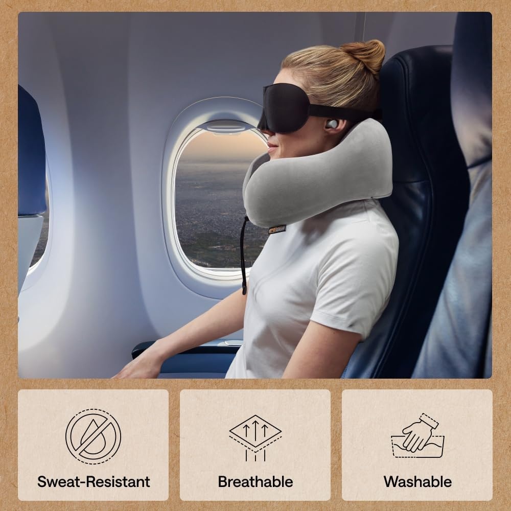 image:imageGORILLA GRIP Travel Neck Pillow for Airplanes CertiPURUS Memory Foam Cooling Mesh Pillows Soft Velvet Washable Cover Support Headrest for Sleeping Traveling Essentials Flight Accessories BlackGray