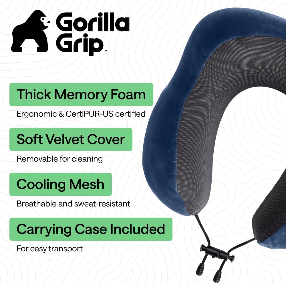 image:imageGORILLA GRIP Travel Neck Pillow for Airplanes CertiPURUS Memory Foam Cooling Mesh Pillows Soft Velvet Washable Cover Support Headrest for Sleeping Traveling Essentials Flight Accessories BlackNavy
