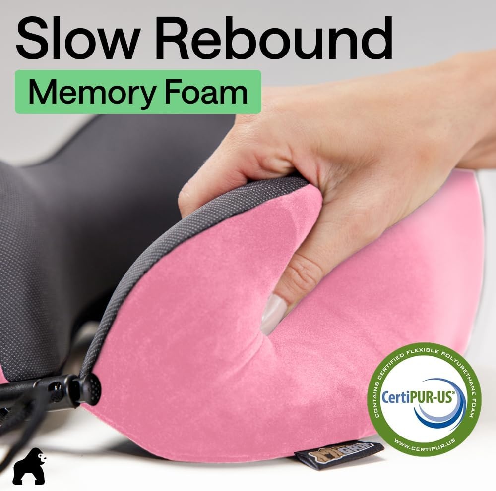 image:imageGORILLA GRIP Travel Neck Pillow for Airplanes CertiPURUS Memory Foam Cooling Mesh Pillows Soft Velvet Washable Cover Support Headrest for Sleeping Traveling Essentials Flight Accessories BlackPink
