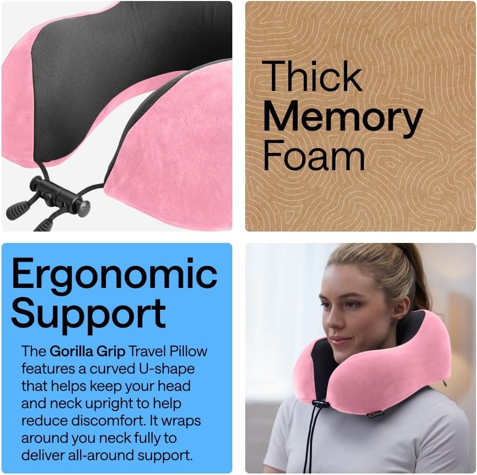 image:imageGORILLA GRIP Travel Neck Pillow for Airplanes CertiPURUS Memory Foam Cooling Mesh Pillows Soft Velvet Washable Cover Support Headrest for Sleeping Traveling Essentials Flight Accessories BlackPink