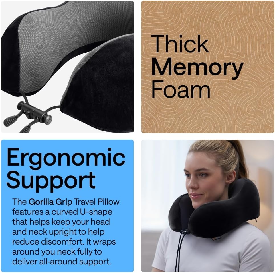 image:imageGORILLA GRIP Travel Neck Pillow for Airplanes CertiPURUS Memory Foam Cooling Mesh Pillows Soft Velvet Washable Cover Support Headrest for Sleeping Traveling Essentials Flight Accessories BlackBlack