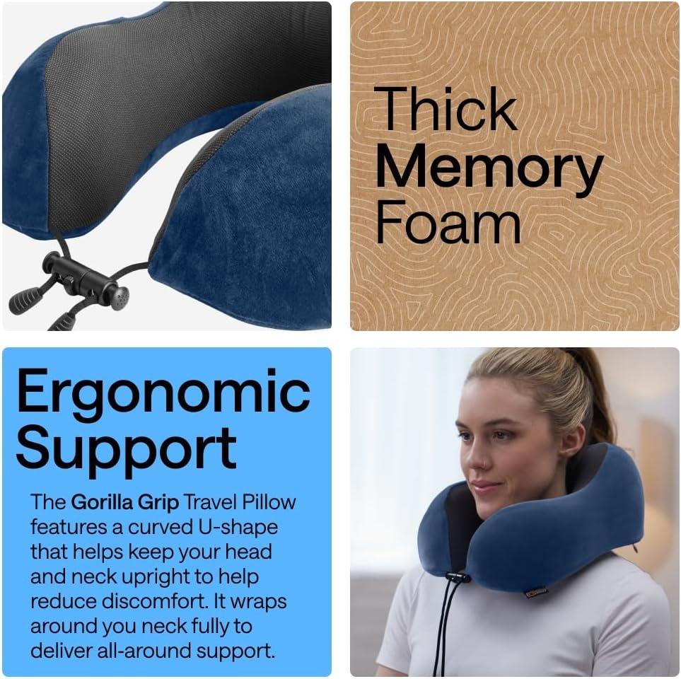 image:imageGORILLA GRIP Travel Neck Pillow for Airplanes CertiPURUS Memory Foam Cooling Mesh Pillows Soft Velvet Washable Cover Support Headrest for Sleeping Traveling Essentials Flight Accessories BlackNavy
