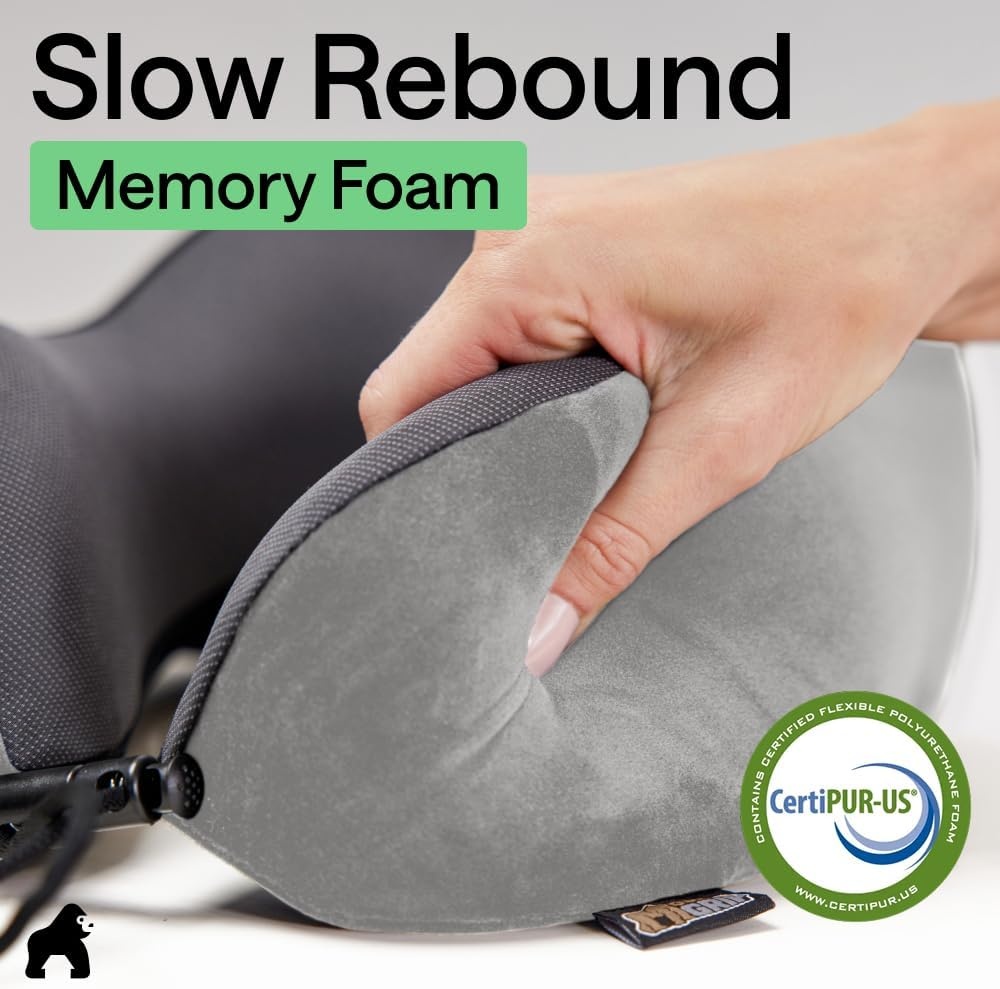 image:imageGORILLA GRIP Travel Neck Pillow for Airplanes CertiPURUS Memory Foam Cooling Mesh Pillows Soft Velvet Washable Cover Support Headrest for Sleeping Traveling Essentials Flight Accessories BlackGray