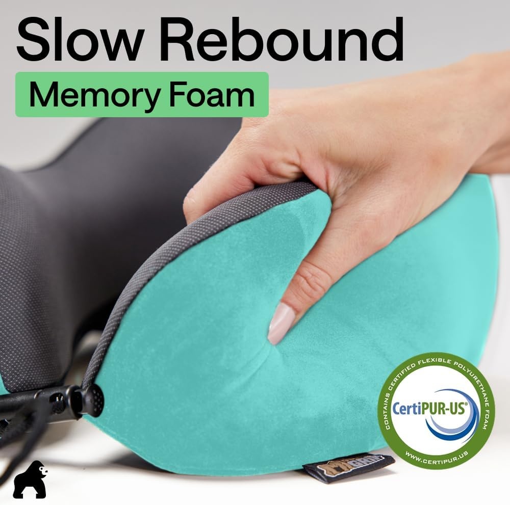 image:imageGORILLA GRIP Travel Neck Pillow for Airplanes CertiPURUS Memory Foam Cooling Mesh Pillows Soft Velvet Washable Cover Support Headrest for Sleeping Traveling Essentials Flight Accessories BlackTurquoise