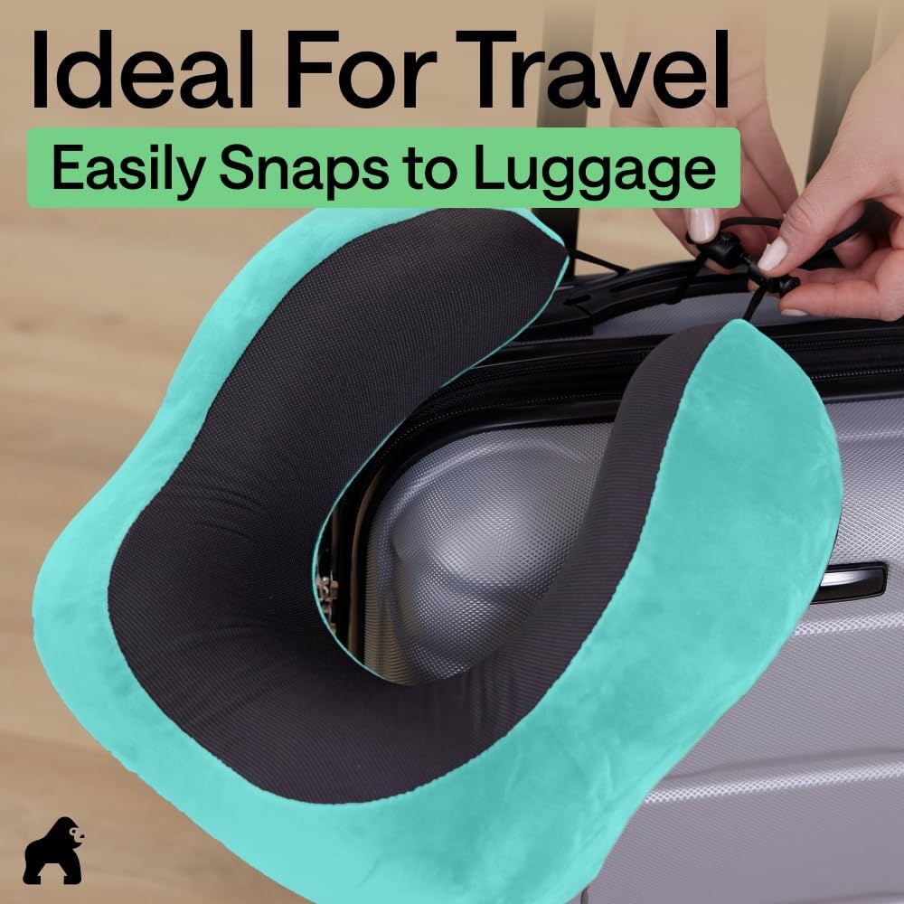 image:imageGORILLA GRIP Travel Neck Pillow for Airplanes CertiPURUS Memory Foam Cooling Mesh Pillows Soft Velvet Washable Cover Support Headrest for Sleeping Traveling Essentials Flight Accessories BlackTurquoise