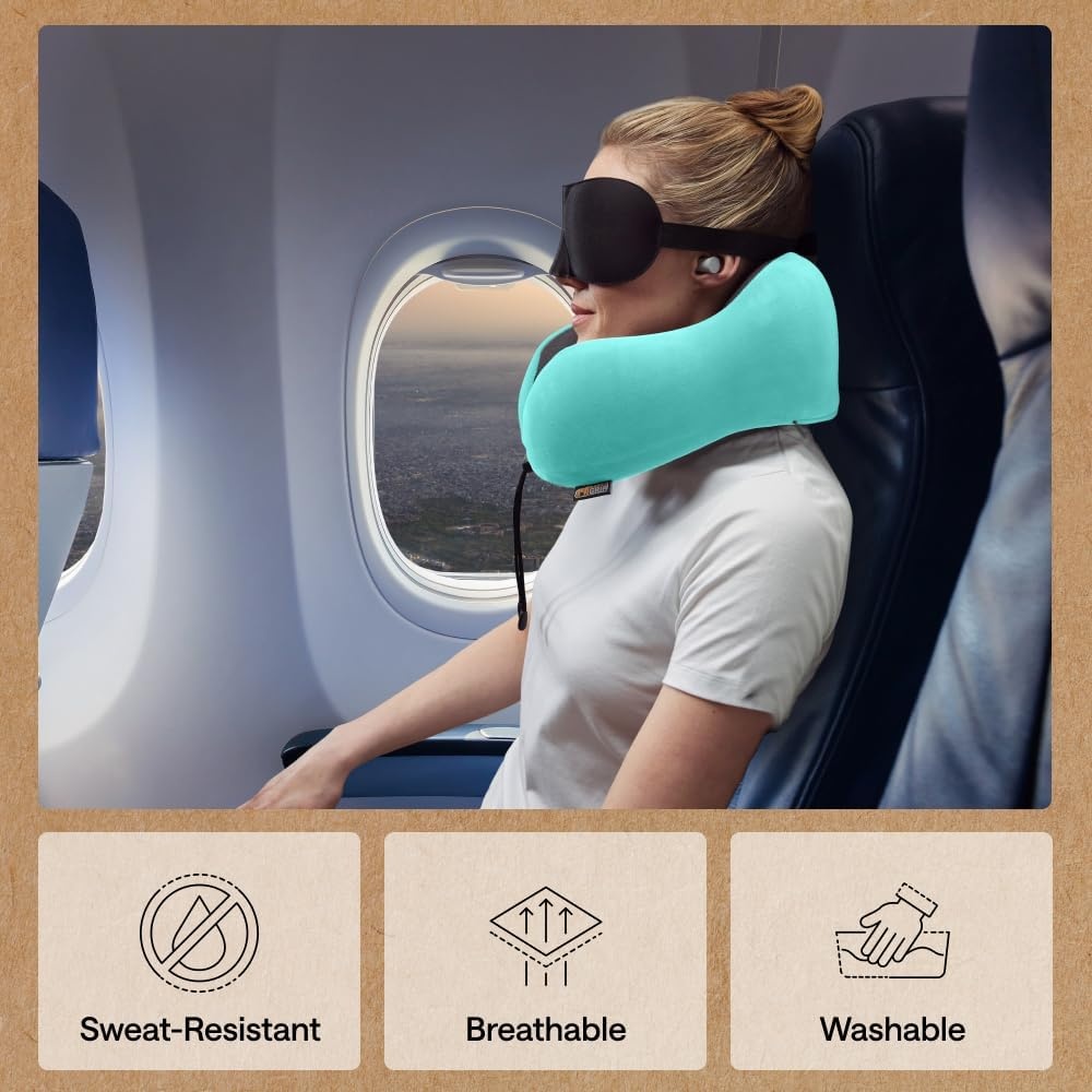 image:imageGORILLA GRIP Travel Neck Pillow for Airplanes CertiPURUS Memory Foam Cooling Mesh Pillows Soft Velvet Washable Cover Support Headrest for Sleeping Traveling Essentials Flight Accessories BlackTurquoise
