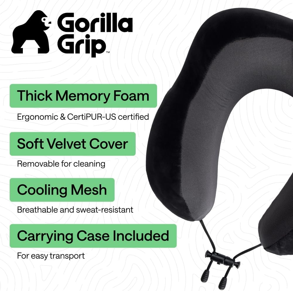 image:imageGORILLA GRIP Travel Neck Pillow for Airplanes CertiPURUS Memory Foam Cooling Mesh Pillows Soft Velvet Washable Cover Support Headrest for Sleeping Traveling Essentials Flight Accessories BlackBlack