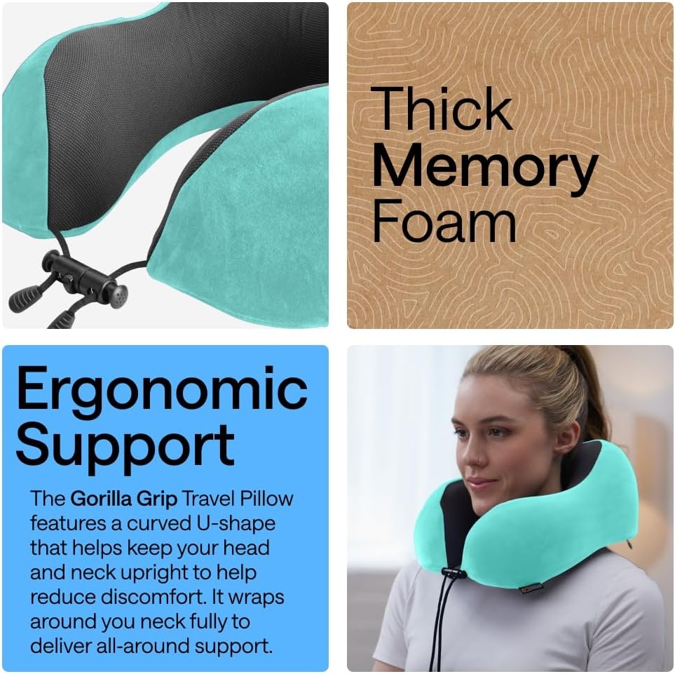 image:imageGORILLA GRIP Travel Neck Pillow for Airplanes CertiPURUS Memory Foam Cooling Mesh Pillows Soft Velvet Washable Cover Support Headrest for Sleeping Traveling Essentials Flight Accessories BlackTurquoise