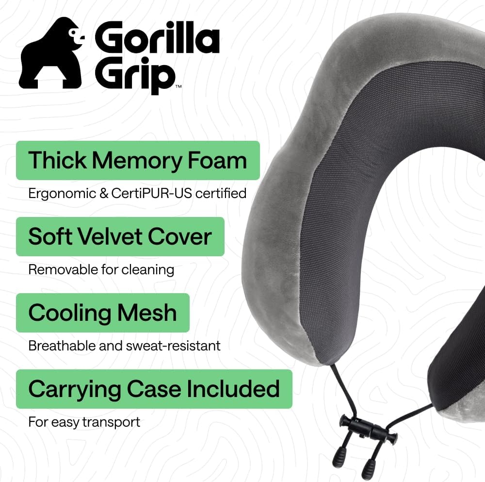 image:imageGORILLA GRIP Travel Neck Pillow for Airplanes CertiPURUS Memory Foam Cooling Mesh Pillows Soft Velvet Washable Cover Support Headrest for Sleeping Traveling Essentials Flight Accessories BlackGray