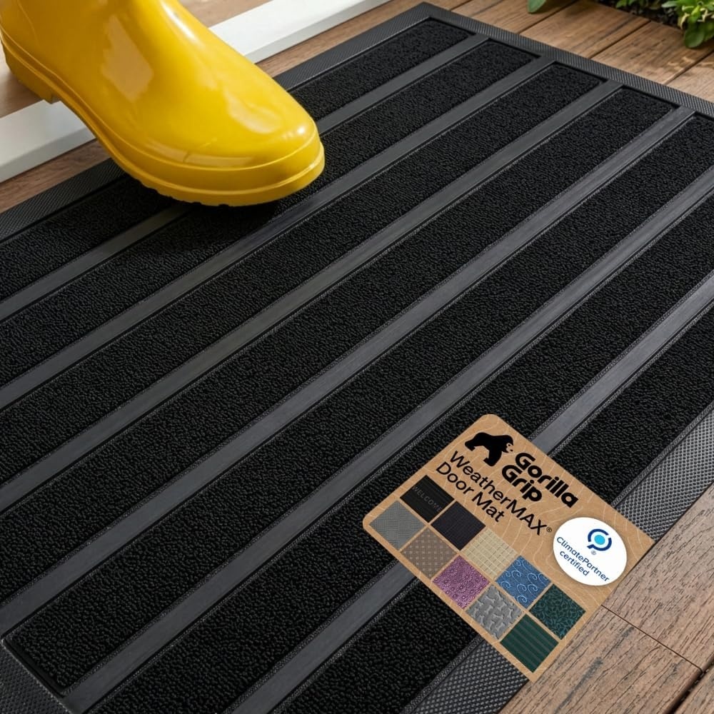 image:imageGORILLA GRIP 100 Waterproof AllSeason WeatherMAX Doormat US Designed Natural Rubber Stain Fade Resistant Low Profile Indoor Outdoor Door Mats Easy Clean 29x17 Gray DiamondBlack Stripe