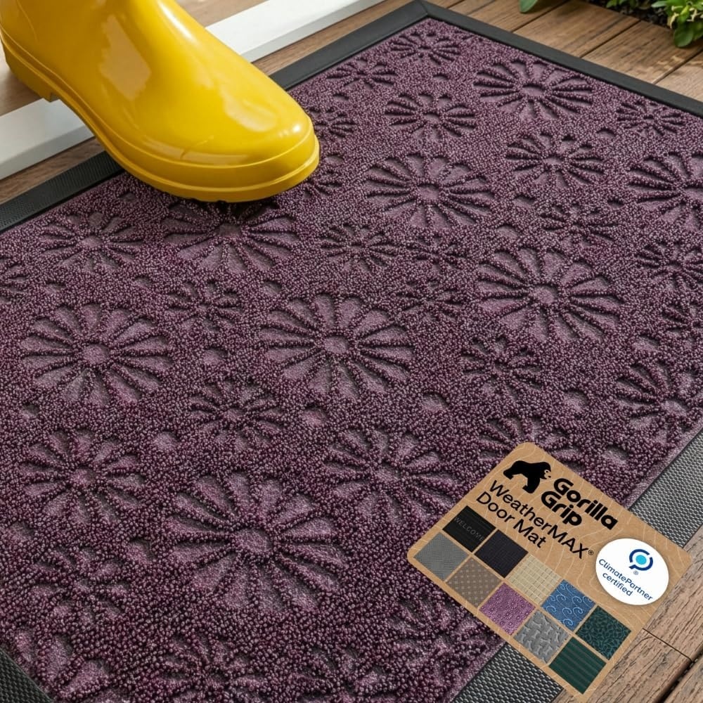 image:imageGORILLA GRIP 100 Waterproof AllSeason WeatherMAX Doormat US Designed Natural Rubber Stain Fade Resistant Low Profile Indoor Outdoor Door Mats Easy Clean 29x17 Gray DiamondPurple Confetti Daisy