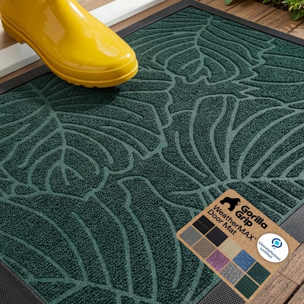 image:imageGORILLA GRIP 100 Waterproof AllSeason WeatherMAX Doormat US Designed Natural Rubber Stain Fade Resistant Low Profile Indoor Outdoor Door Mats Easy Clean 29x17 Gray DiamondGreen Palm