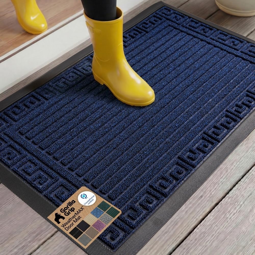 image:imageGORILLA GRIP 100 Waterproof AllSeason WeatherMAX Doormat US Designed Natural Rubber Stain Fade Resistant Low Profile Indoor Outdoor Door Mats Easy Clean 29x17 Gray DiamondNavy Greek Keys