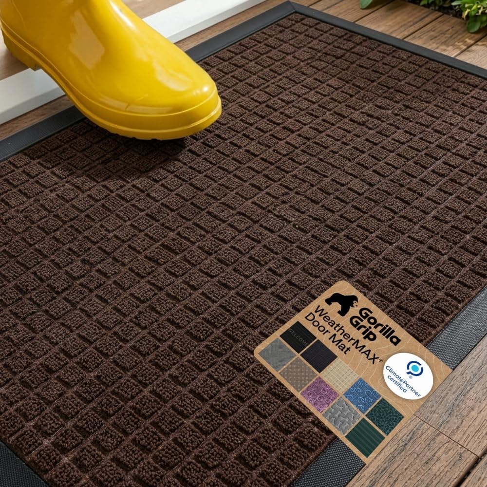 image:imageGORILLA GRIP 100 Waterproof AllSeason WeatherMAX Doormat US Designed Natural Rubber Stain Fade Resistant Low Profile Indoor Outdoor Door Mats Easy Clean 29x17 Gray DiamondCoffee Squares