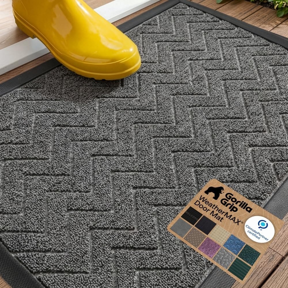 image:imageGORILLA GRIP 100 Waterproof AllSeason WeatherMAX Doormat US Designed Natural Rubber Stain Fade Resistant Low Profile Indoor Outdoor Door Mats Easy Clean 29x17 Gray DiamondSteel Chevron