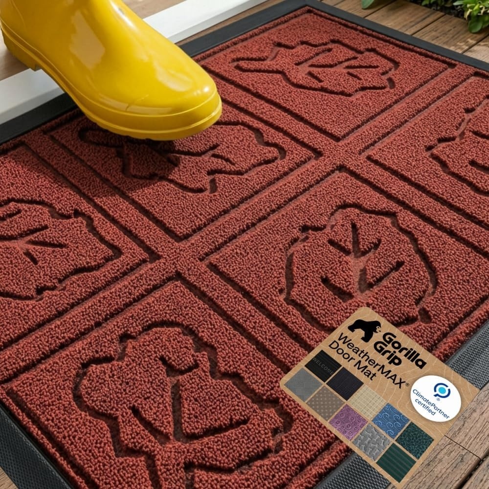 image:imageGORILLA GRIP 100 Waterproof AllSeason WeatherMAX Doormat US Designed Natural Rubber Stain Fade Resistant Low Profile Indoor Outdoor Door Mats Easy Clean 29x17 Gray DiamondBurgundy Leaves