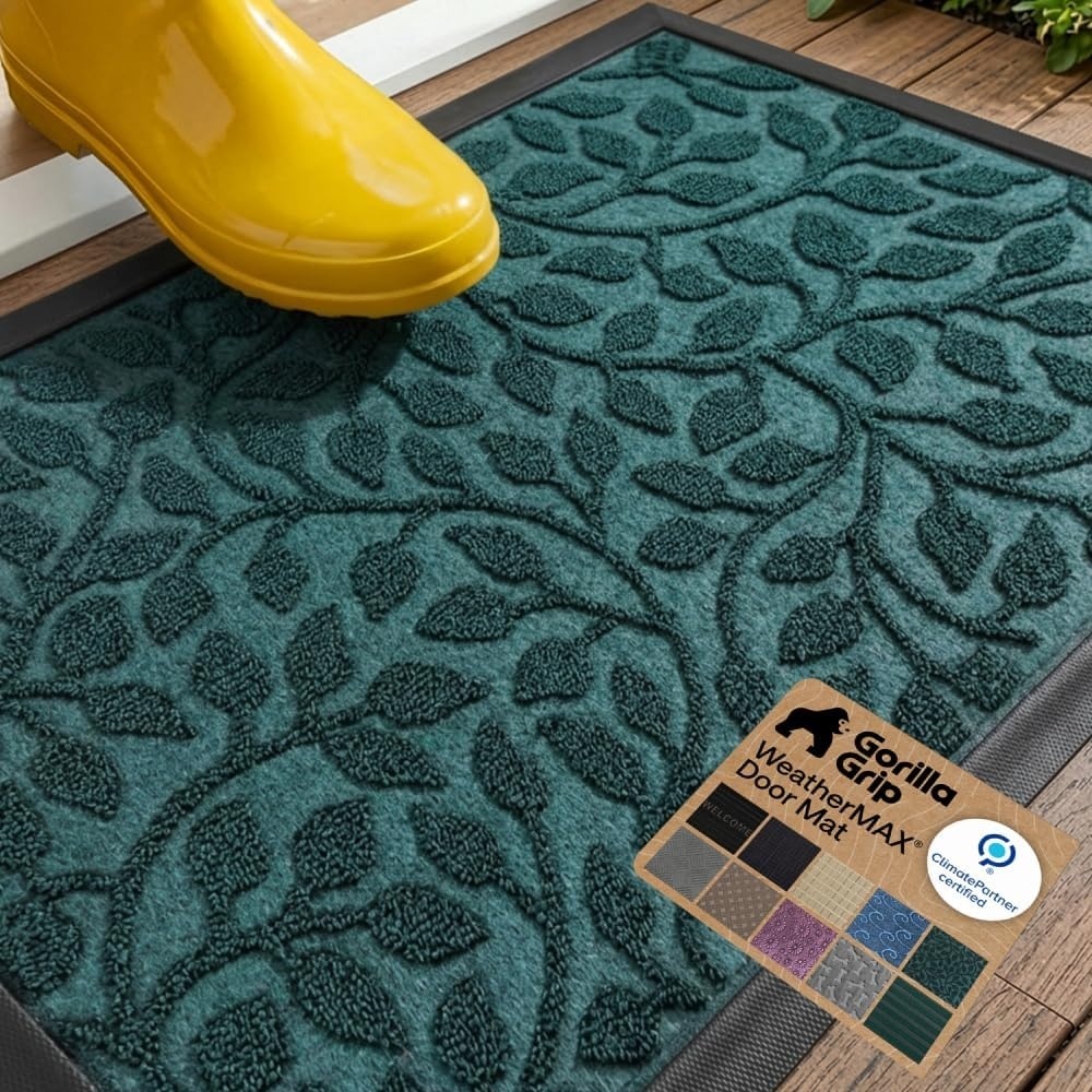 image:imageGORILLA GRIP 100 Waterproof AllSeason WeatherMAX Doormat US Designed Natural Rubber Stain Fade Resistant Low Profile Indoor Outdoor Door Mats Easy Clean 29x17 Gray DiamondMoss Vine Leaves