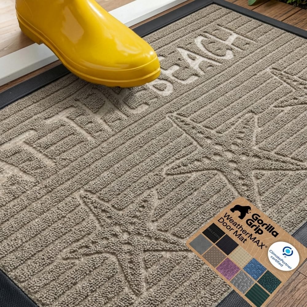 image:imageGORILLA GRIP 100 Waterproof AllSeason WeatherMAX Doormat US Designed Natural Rubber Stain Fade Resistant Low Profile Indoor Outdoor Door Mats Easy Clean 29x17 Gray DiamondSand Beach