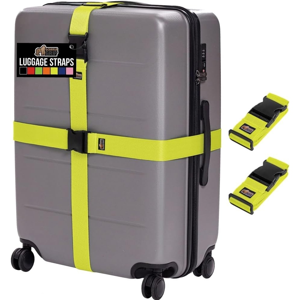 image:imageGORILLA GRIP Heavy Duty Adjustable Luggage Straps for Suitcases Easy to Identify Travel Belt Connector Holds Suitcase Together Extends Life of Bag Strap Connects Two Bags Accessories 2 Pack GreenYellow
