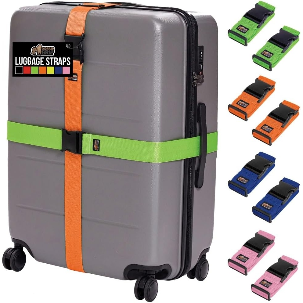 image:imageGORILLA GRIP Heavy Duty Adjustable Luggage Straps for Suitcases Easy to Identify Travel Belt Connector Holds Suitcase Together Extends Life of Bag Strap Connects Two Bags Accessories 2 Pack GreenGreenOrangeBluePink