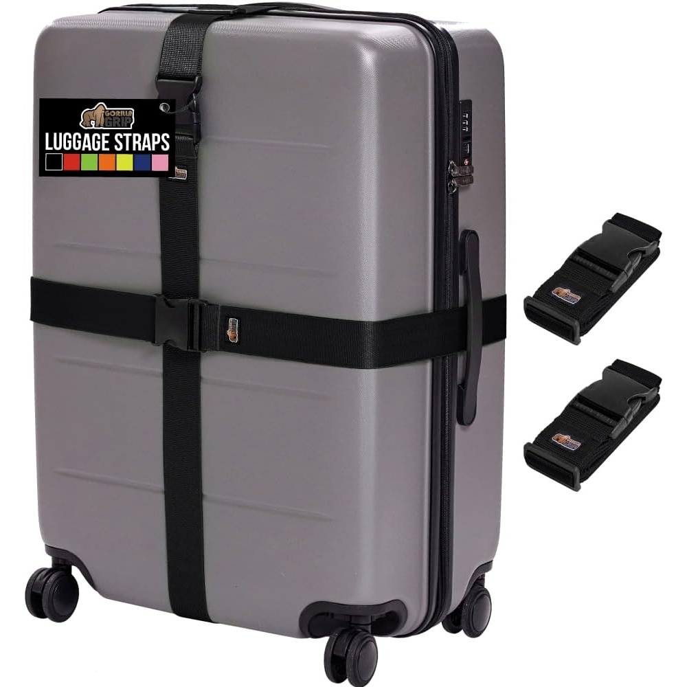 image:imageGORILLA GRIP Heavy Duty Adjustable Luggage Straps for Suitcases Easy to Identify Travel Belt Connector Holds Suitcase Together Extends Life of Bag Strap Connects Two Bags Accessories 2 Pack GreenBlack