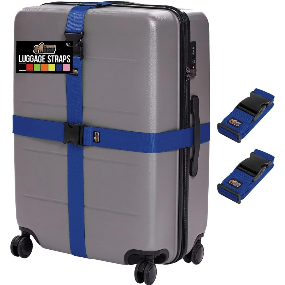 image:imageGORILLA GRIP Heavy Duty Adjustable Luggage Straps for Suitcases Easy to Identify Travel Belt Connector Holds Suitcase Together Extends Life of Bag Strap Connects Two Bags Accessories 2 Pack GreenBlue
