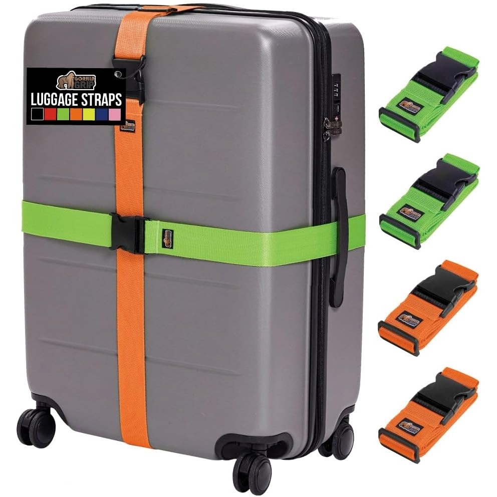 image:imageGORILLA GRIP Heavy Duty Adjustable Luggage Straps for Suitcases Easy to Identify Travel Belt Connector Holds Suitcase Together Extends Life of Bag Strap Connects Two Bags Accessories 2 Pack GreenGreenOrange