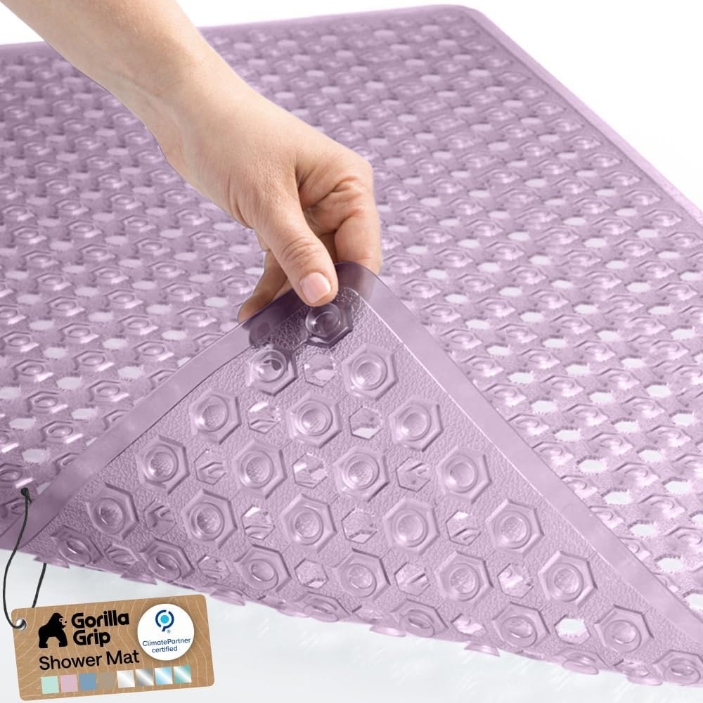 image:imageGORILLA GRIP Patented Bath Tub Shower Mat Machine Washable Bathtub Floor Liner Mats Suction Cups and Drain Holes to Keep Tubs Clean Soft on Feet Bathroom Essentials 35x16 Inch ClearPurple Translucent