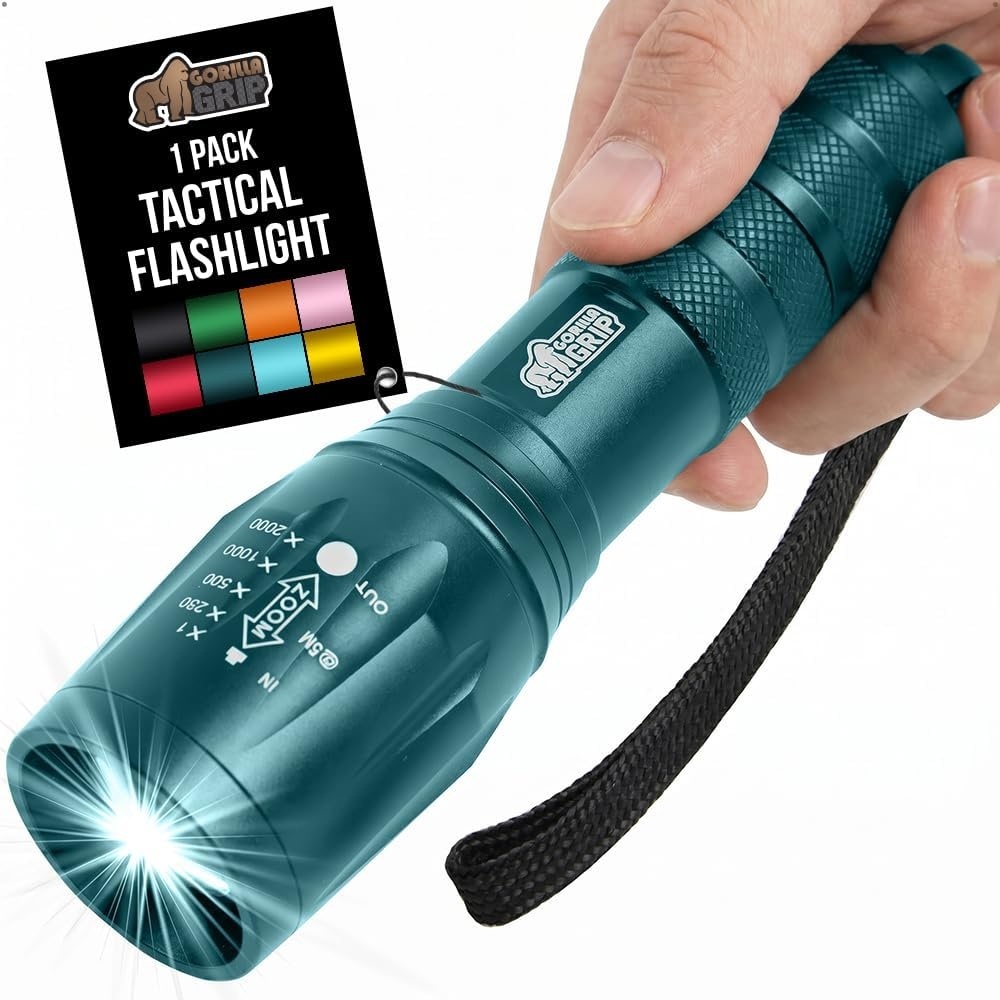 image:imageGORILLA GRIP Powerful LED Tactical Flashlight 750 FT High Lumens 5 Adjustable Modes Water Resistant Ultra Bright Zoom Flashlights Small Mini Flash Light Camping Night Dog Walking TurquoiseTeal Blue