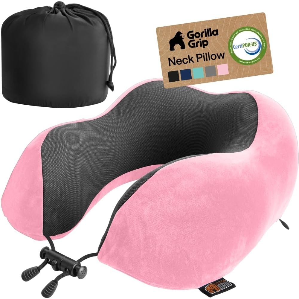 image:imageGORILLA GRIP Travel Neck Pillow for Airplanes CertiPURUS Memory Foam Cooling Mesh Pillows Soft Velvet Washable Cover Support Headrest for Sleeping Traveling Essentials Flight Accessories BlackPink