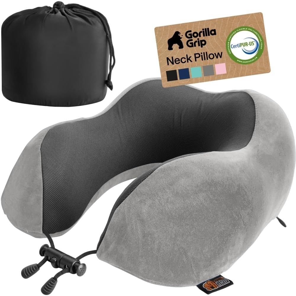 image:imageGORILLA GRIP Travel Neck Pillow for Airplanes CertiPURUS Memory Foam Cooling Mesh Pillows Soft Velvet Washable Cover Support Headrest for Sleeping Traveling Essentials Flight Accessories BlackGray