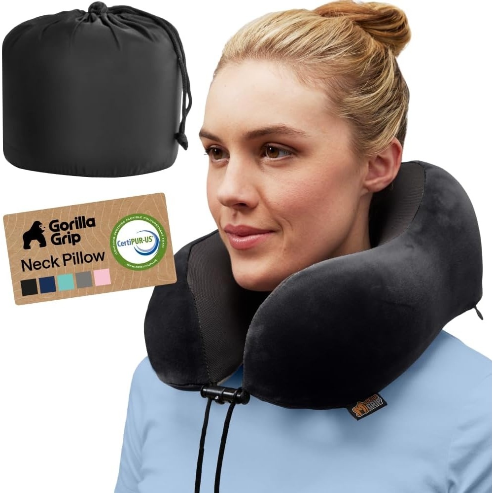 image:imageGORILLA GRIP Travel Neck Pillow for Airplanes CertiPURUS Memory Foam Cooling Mesh Pillows Soft Velvet Washable Cover Support Headrest for Sleeping Traveling Essentials Flight Accessories BlackBlack
