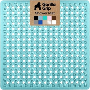 image:imageGORILLA GRIP Patented Bath Tub Shower Mat Machine Washable Bathtub Floor Liner Mats Suction Cups and Drain Holes to Keep Tubs Clean Soft on Feet Bathroom Essentials 35x16 Inch ClearTurquoise Translucent