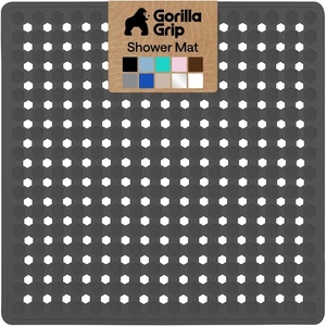 image:imageGORILLA GRIP Patented Bath Tub Shower Mat Machine Washable Bathtub Floor Liner Mats Suction Cups and Drain Holes to Keep Tubs Clean Soft on Feet Bathroom Essentials 35x16 Inch ClearCharcoal Opaque