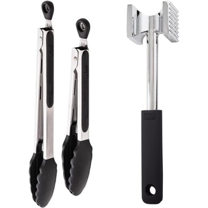 image:imageGorilla Grip Stainless Steel Silicone Tongs Set of 2 and Heavy Duty Meat Tenderizer Heat Resistant Silicone Tongs Size 7 and 9IN Spiked Side Meat Tenderizer Both In Black Color 2 Item Bundle