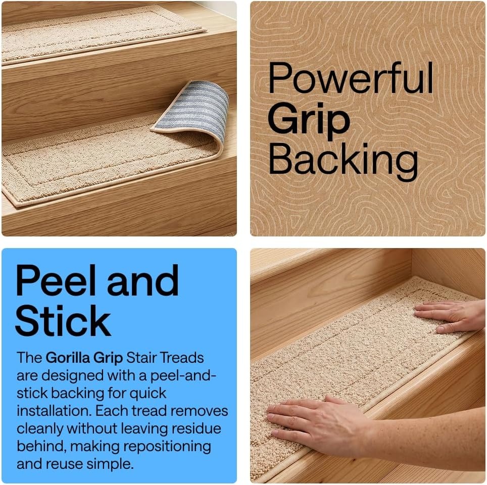 image:imageGORILLA GRIP Peel and Stick Stair Treads for Wooden Steps MultiSurface Use Machine Washable Carpet Runners Indoor Rugs for Stairs Pet Friendly Universal Size 15 Pack Beige 8x28 InchesBeige