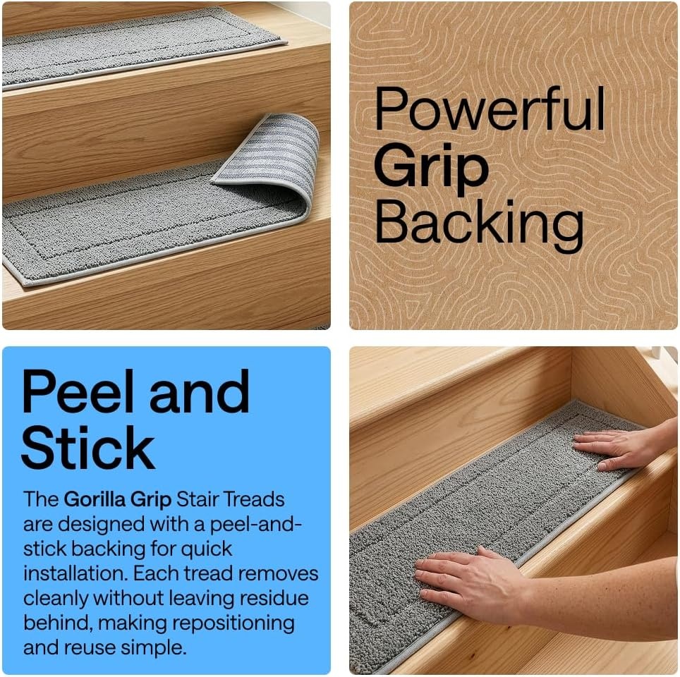 image:imageGORILLA GRIP Peel and Stick Stair Treads for Wooden Steps MultiSurface Use Machine Washable Carpet Runners Indoor Rugs for Stairs Pet Friendly Universal Size 15 Pack Beige 8x28 InchesGrey