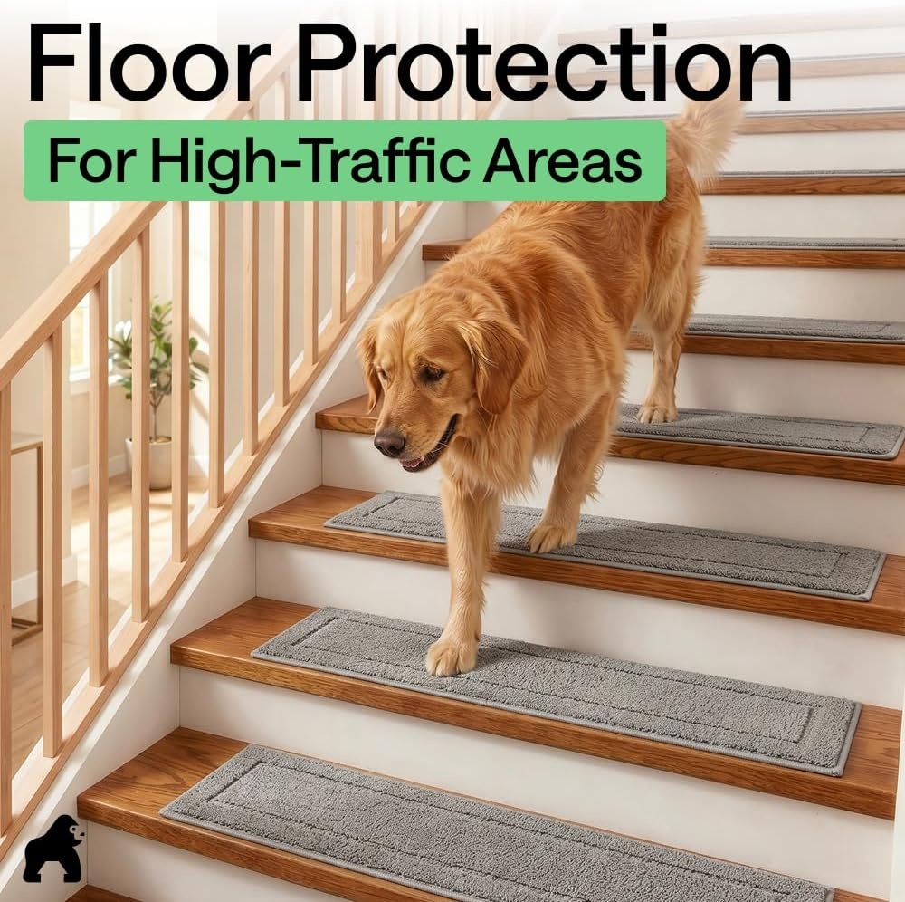 image:imageGORILLA GRIP Peel and Stick Stair Treads for Wooden Steps MultiSurface Use Machine Washable Carpet Runners Indoor Rugs for Stairs Pet Friendly Universal Size 15 Pack Beige 8x28 InchesGrey
