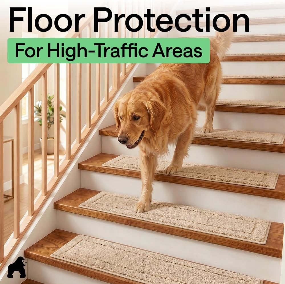image:imageGORILLA GRIP Peel and Stick Stair Treads for Wooden Steps MultiSurface Use Machine Washable Carpet Runners Indoor Rugs for Stairs Pet Friendly Universal Size 15 Pack Beige 8x28 InchesBeige