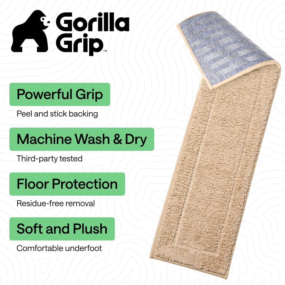 image:imageGORILLA GRIP Peel and Stick Stair Treads for Wooden Steps MultiSurface Use Machine Washable Carpet Runners Indoor Rugs for Stairs Pet Friendly Universal Size 15 Pack Beige 8x28 InchesBeige