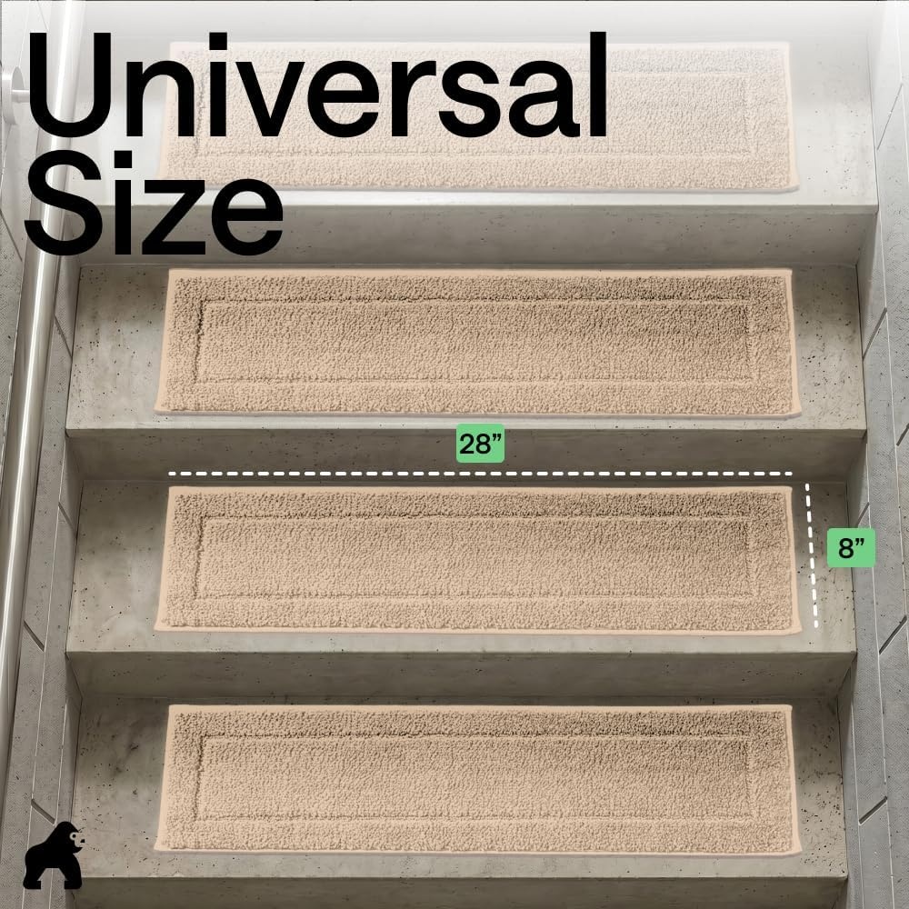 image:imageGORILLA GRIP Peel and Stick Stair Treads for Wooden Steps MultiSurface Use Machine Washable Carpet Runners Indoor Rugs for Stairs Pet Friendly Universal Size 15 Pack Beige 8x28 InchesBeige