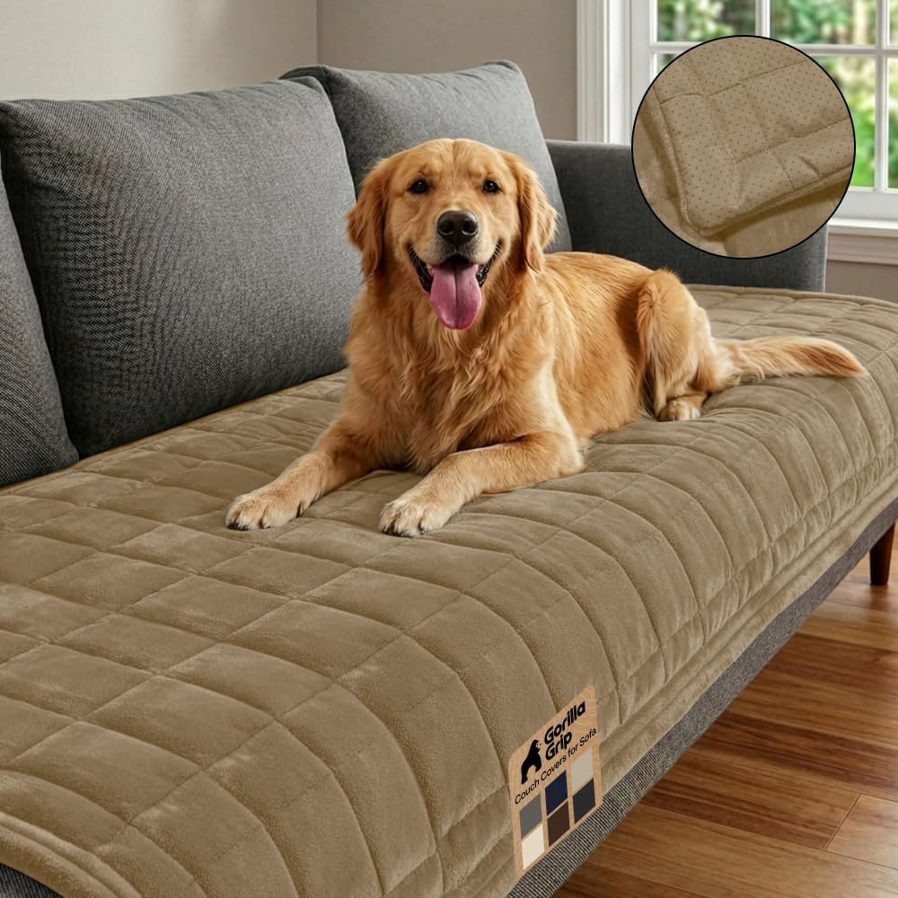 image:imageGORILLA GRIP Slip and Leak Resistant Plush Quilted Sofa Cushion Cover Blanket Soft Couch Covers for Sofa Dogs Machine Washable Furniture Protector Pet Friendly Couches Gray 70x28 InchesBeige